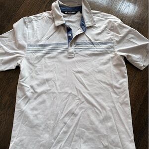mens travis mathew chest stripe polo- white/blue- M